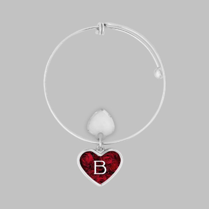 Red Heart Initial Charm Zinc Bracelet - B