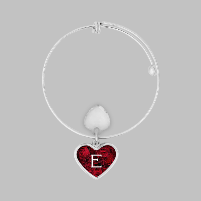 Red Heart Initial Charm Zinc Bracelet - E