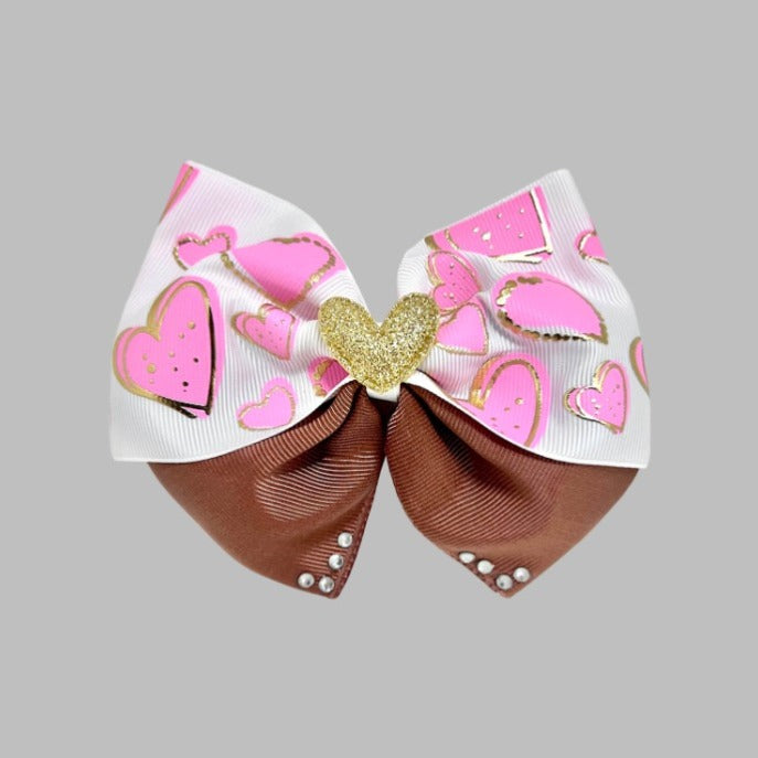 5 inch Hologram Hearts and brown blinged hair bow | Grace & Fire Designz